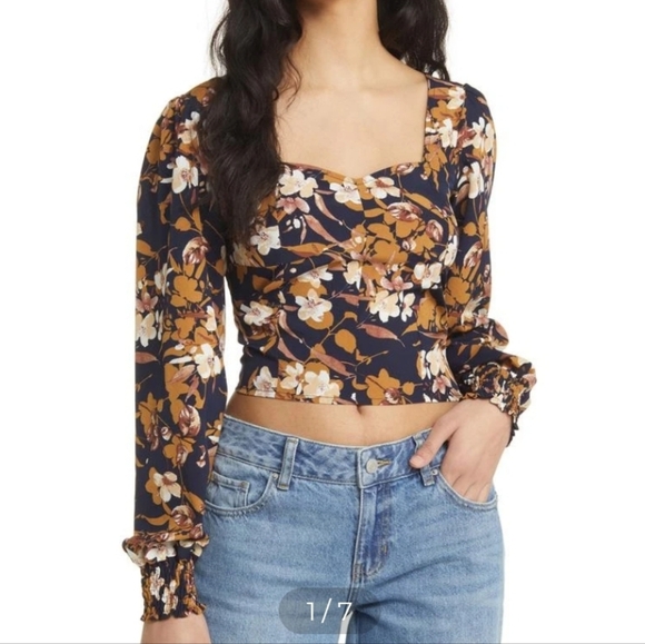 Vigoss Womens Summer Crop Top Long Sleeve Smoked Cuffs Side Zip Floral Browns - Picture 2 of 14